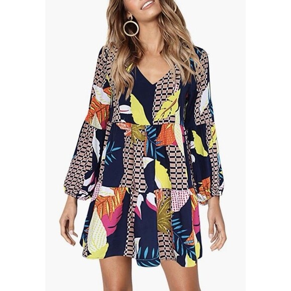 Tiered V-Neck, Navy, Yellow, Orange Colorful Abstract Flowy Comfortable Dress XL - Picture 1 of 7